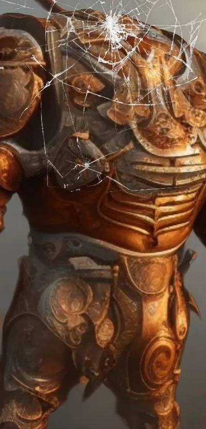 Steampunk knight in detailed bronze armor with cracked detail.