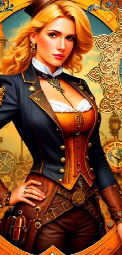 Steampunk lady in ornate orange and blue design with mechanical gears.