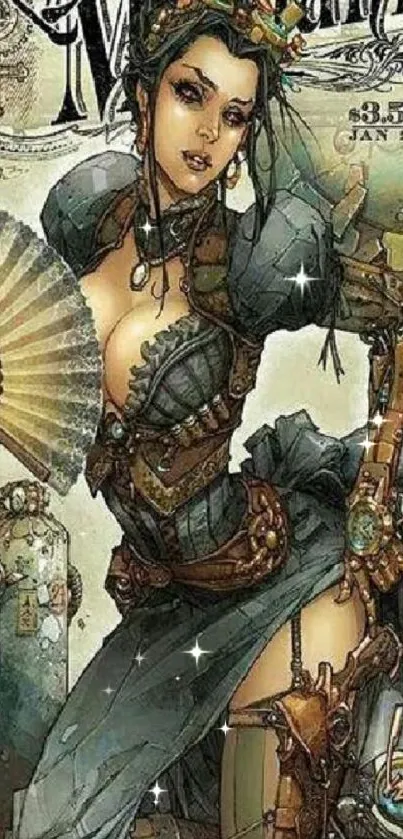 Steampunk lady in mechanical attire wallpaper.