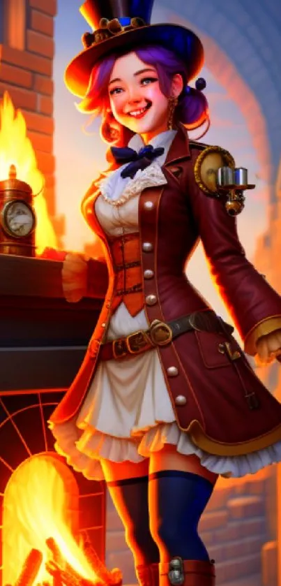 Steampunk lady in a cozy, vibrant fireplace setting.