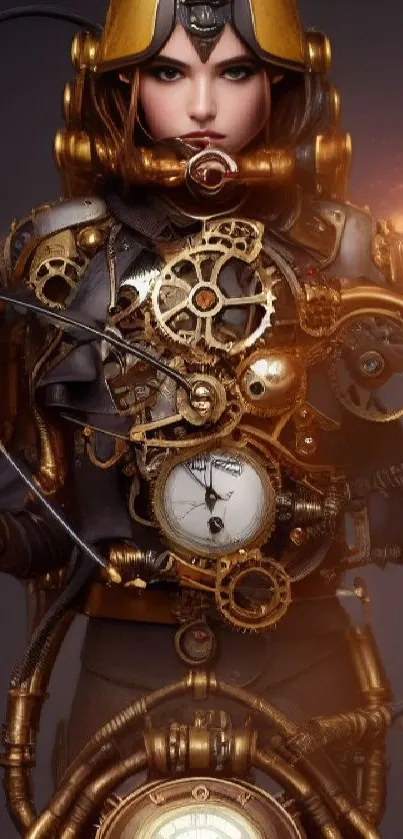 Steampunk woman with gears and helmet in a fantasy setting.