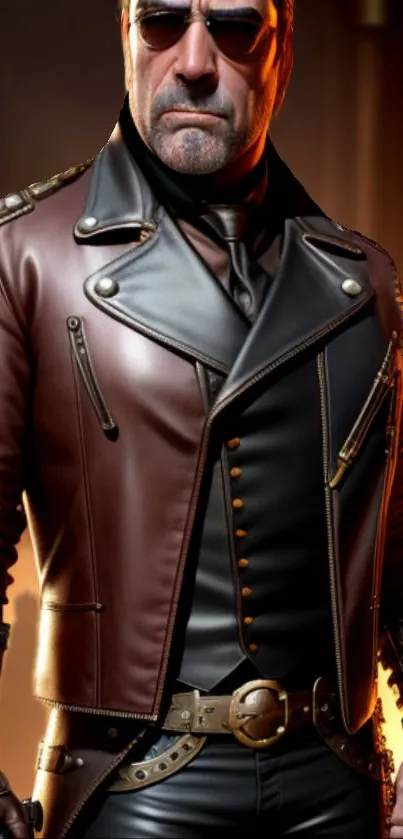 Steampunk styled leather jacket with intricate details and vintage design.