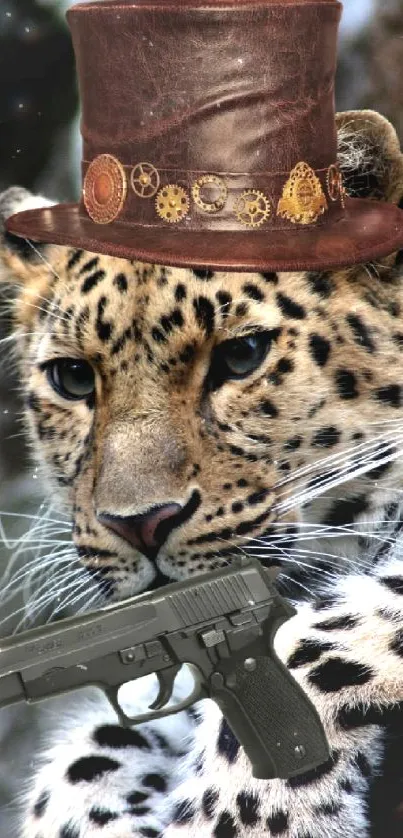 Steampunk leopard with hat and gun, brown tones.