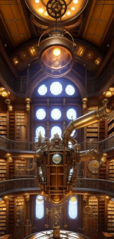 Steampunk library with vintage books and machinery in rich wooden tones.