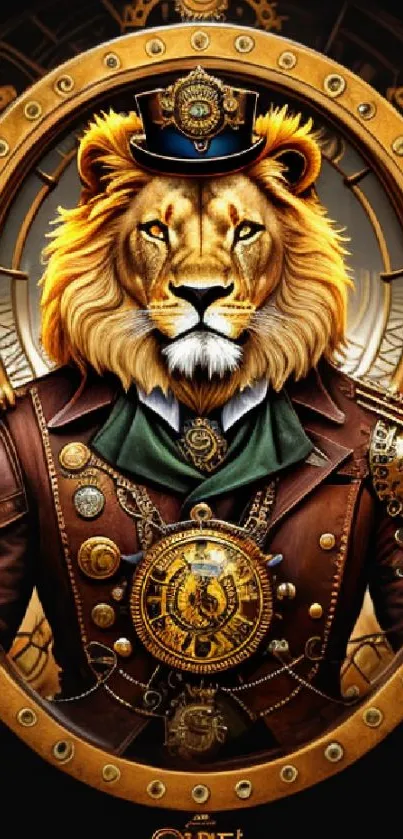 Steampunk lion with clockwork and vintage elements in golden hues.