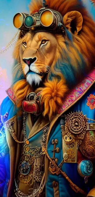 Majestic steampunk lion in vibrant colors with intricate gears.