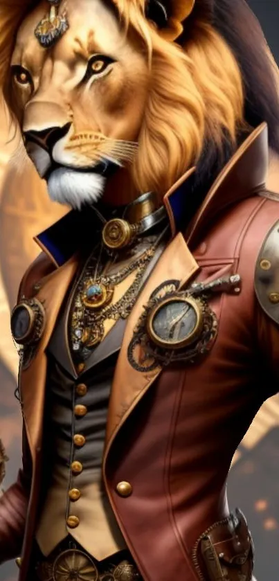 Steampunk lion in vintage attire with clockwork elements on mobile wallpaper.