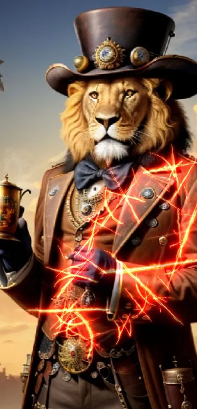 Steampunk lion in Victorian attire with sunset sky.