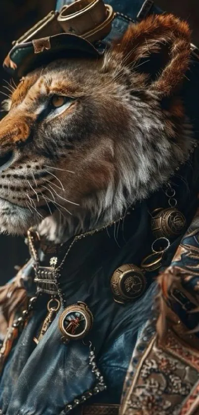 Steampunk adorned lion with intricate details