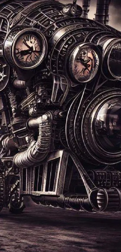 Steampunk locomotive with intricate gears and dials in a sepia tone.