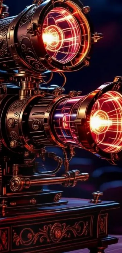 Steampunk machine with gears and glowing lights on display.