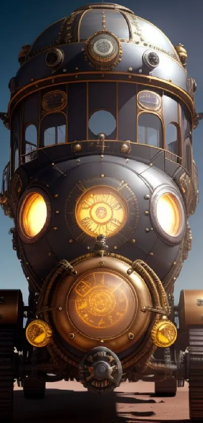 Steampunk vehicle on Martian desert with copper tones.