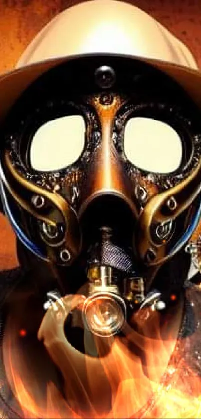 Steampunk gas mask art on vibrant orange background with mechanical gears.