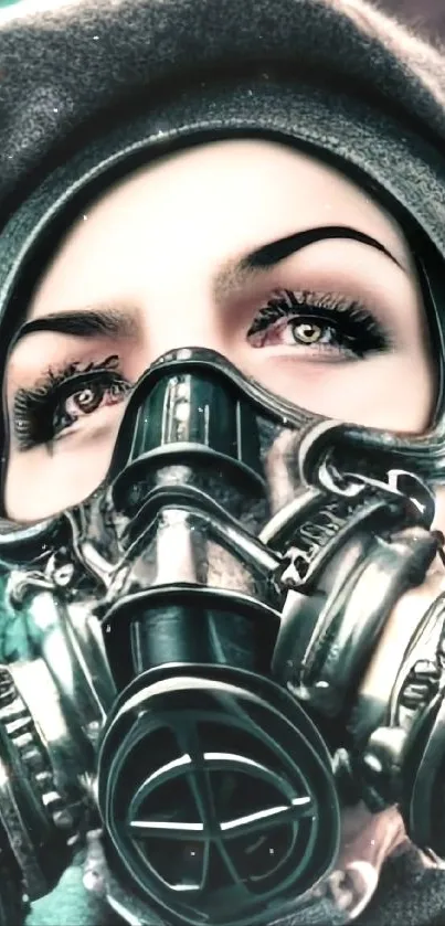 Person in a detailed steampunk gas mask with artistic background.