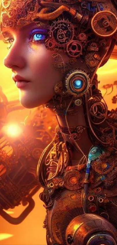 Steampunk mechanical art wallpaper in vibrant orange hues.