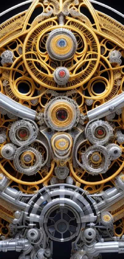 Detailed steampunk mechanical art with gears and metallic gold accents.