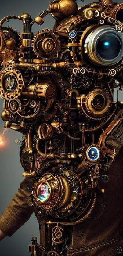 Intricate steampunk mechanical art in bronze tones on mobile wallpaper.