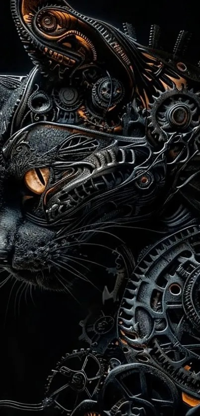 Steampunk mechanical cat with intricate gears on a dark background.