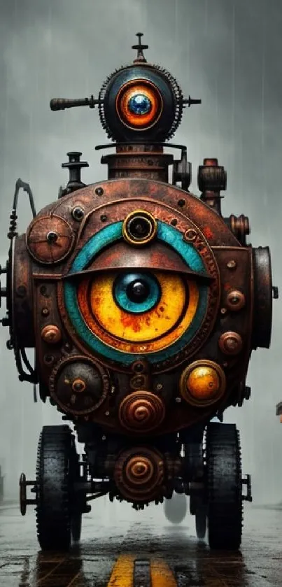 Steampunk mechanical eye design on a rainy street.