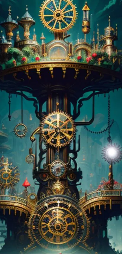 Steampunk fantasy wallpaper with intricate gears and mechanical design.