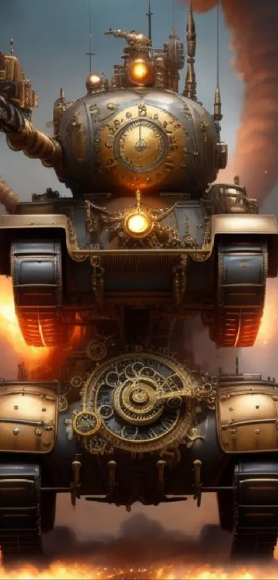 Steampunk tank with gears and fiery background.