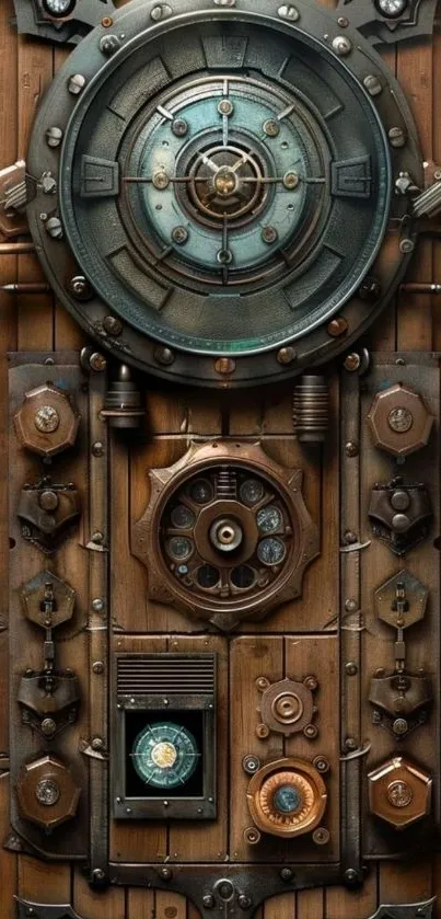 Steampunk mechanism wallpaper with detailed gears and vintage art.