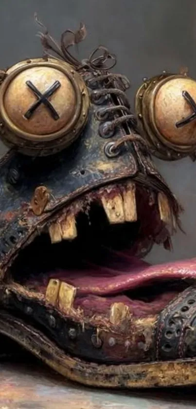 Steampunk monster shoe design with intricate details.