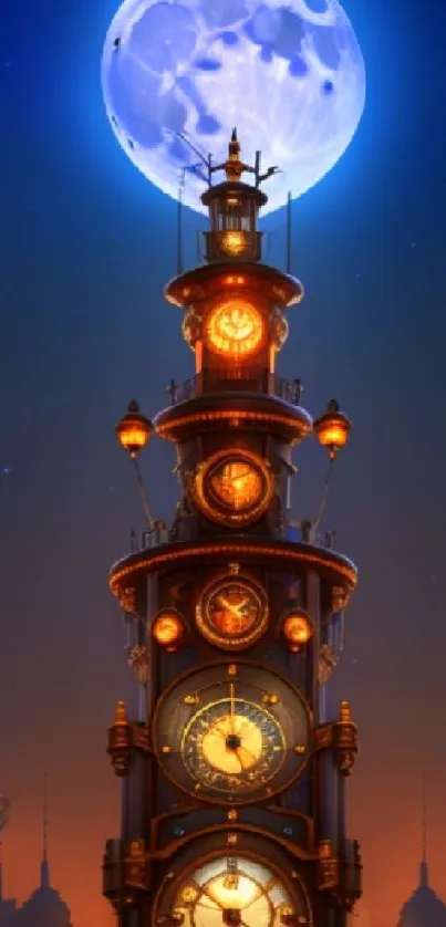 Steampunk clock tower under a moonlit sky.