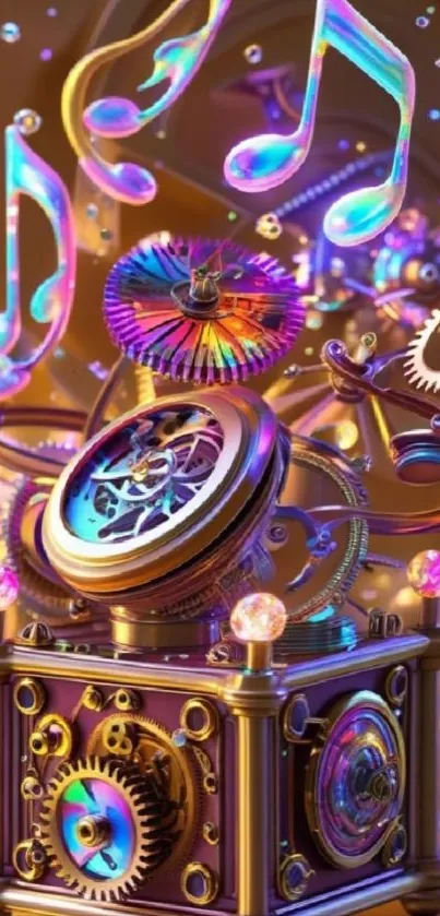Steampunk gears with floating musical notes in vibrant colors.