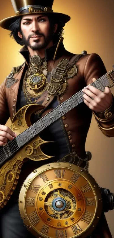 Steampunk musician with gears and guitar, perfect for stylish mobile wallpaper.