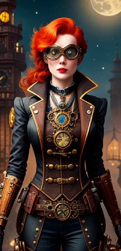 Steampunk figure with red hair under a full moon in a vintage cityscape.