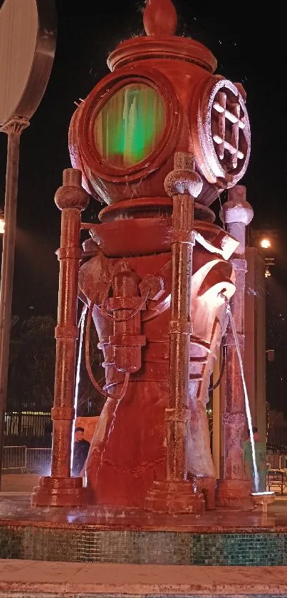 Steampunk statue illuminated at night with rich red hues.