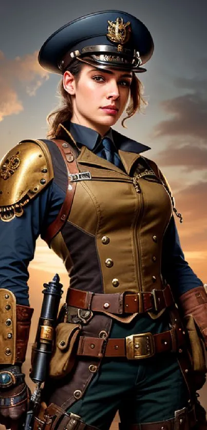 Steampunk officer in ornate attire with sunset sky background.