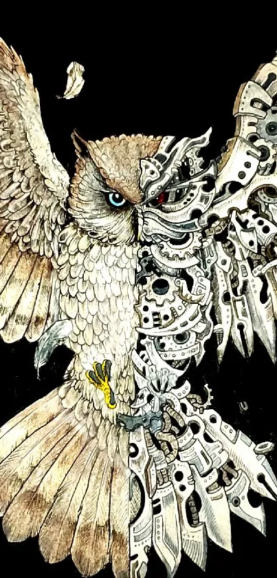 Steampunk owl with mechanical elements on a black background.