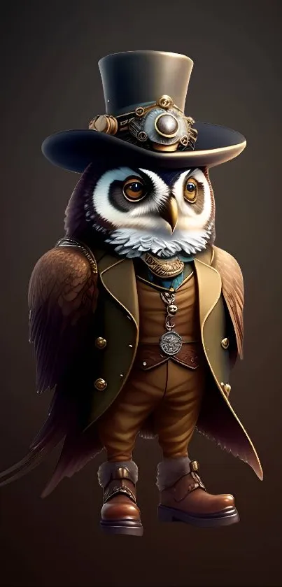 Steampunk owl in a Victorian outfit on a dark brown background.