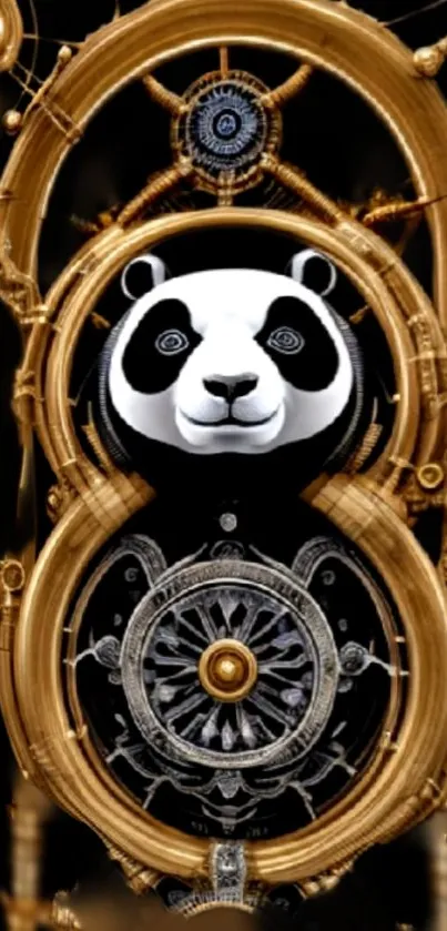 Steampunk panda in gold and black design with intricate gears.