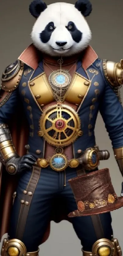 Steampunk panda dressed in intricate mechanical attire. Perfect for your phone screen.