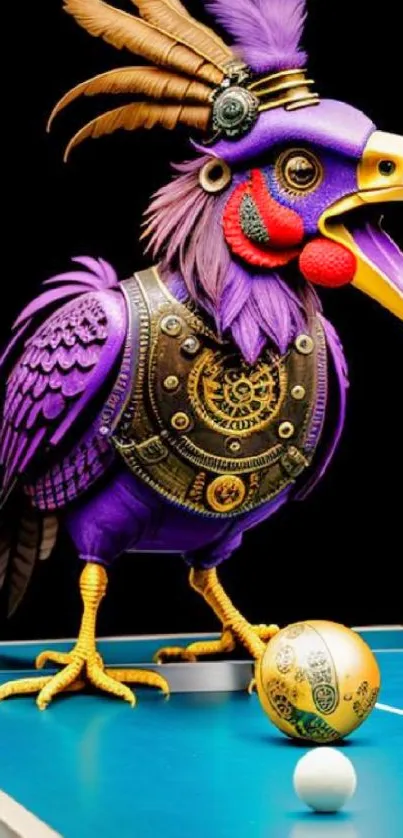 Steampunk parrot in vibrant purple design with intricate gear details.