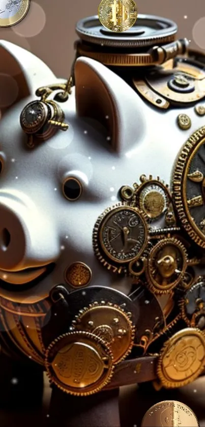 Steampunk piggy bank with gold gears and coins on a stylish wallpaper.