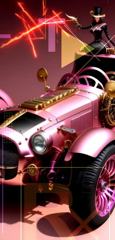 Steampunk pink car with artistic flair.