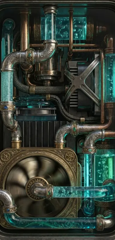 Steampunk pipe design with turquoise glow