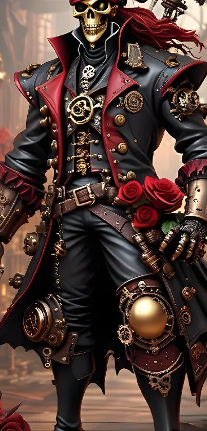 Steampunk pirate holding a sword with roses and gears in the background.