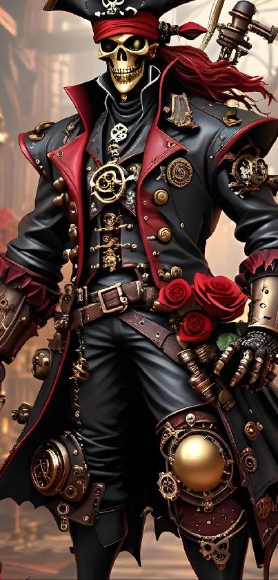 Intricate steampunk pirate with roses mobile wallpaper.