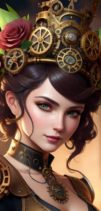 Steampunk princess with floral gear crown and vintage aesthetics in vibrant colors.