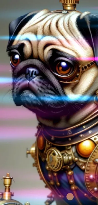 Steampunk pug with intricate mechanical features in a vintage art style.