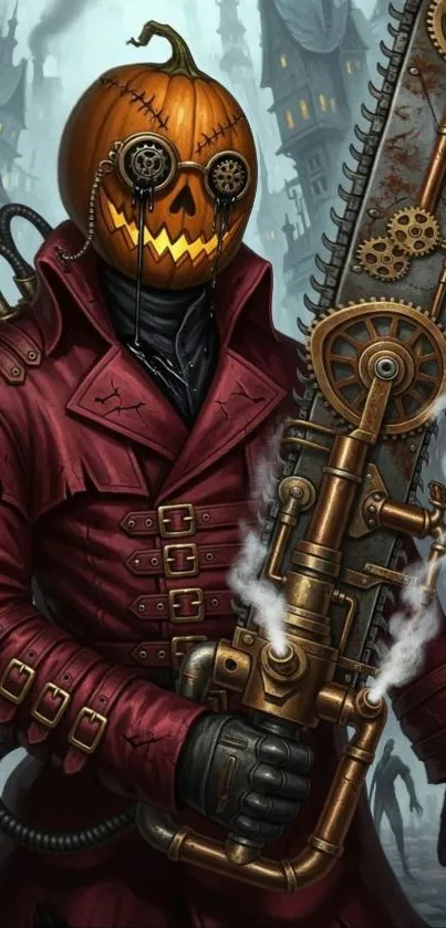 Steampunk character with pumpkin head and chainsaw in urban setting.
