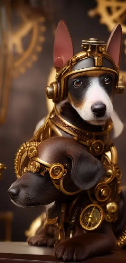 Steampunk dogs with gears in a whimsical scene.