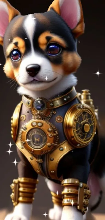 Steampunk puppy with gears as wallpaper.