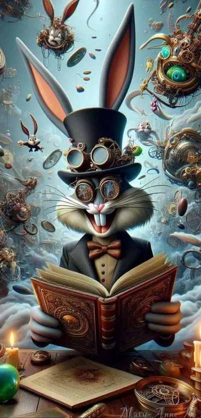 Steampunk rabbit reading in whimsical world