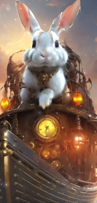 Steampunk rabbit on airship in fantasy art style.